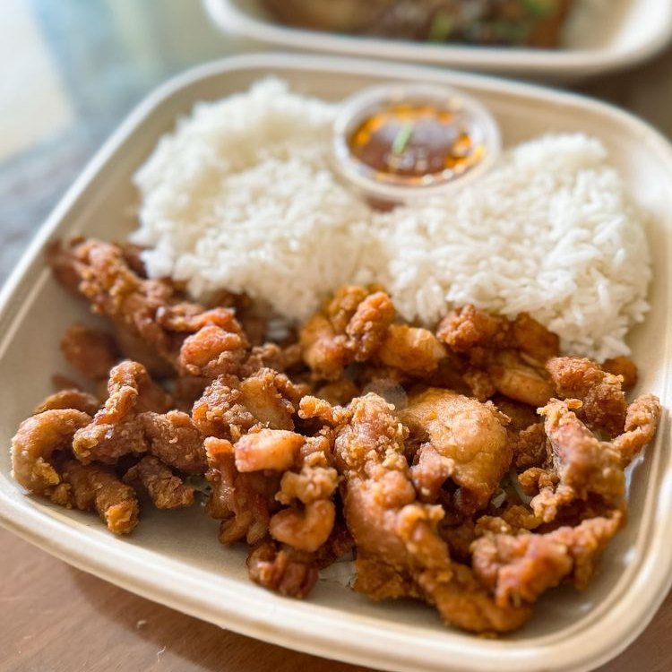 Crispy garlic chicken over rice with dipping sauce
